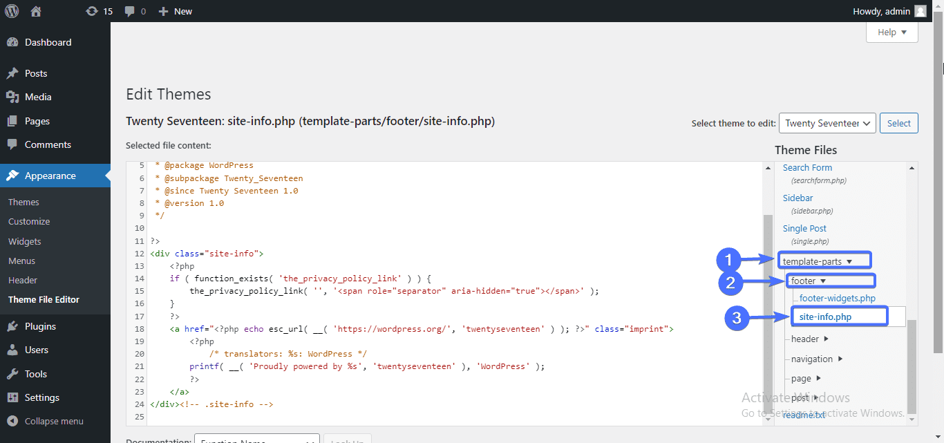 edit footer template file