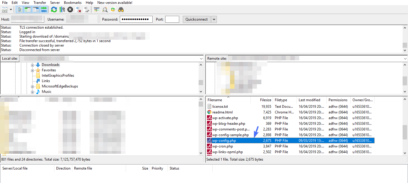 wpconfig file in filezilla