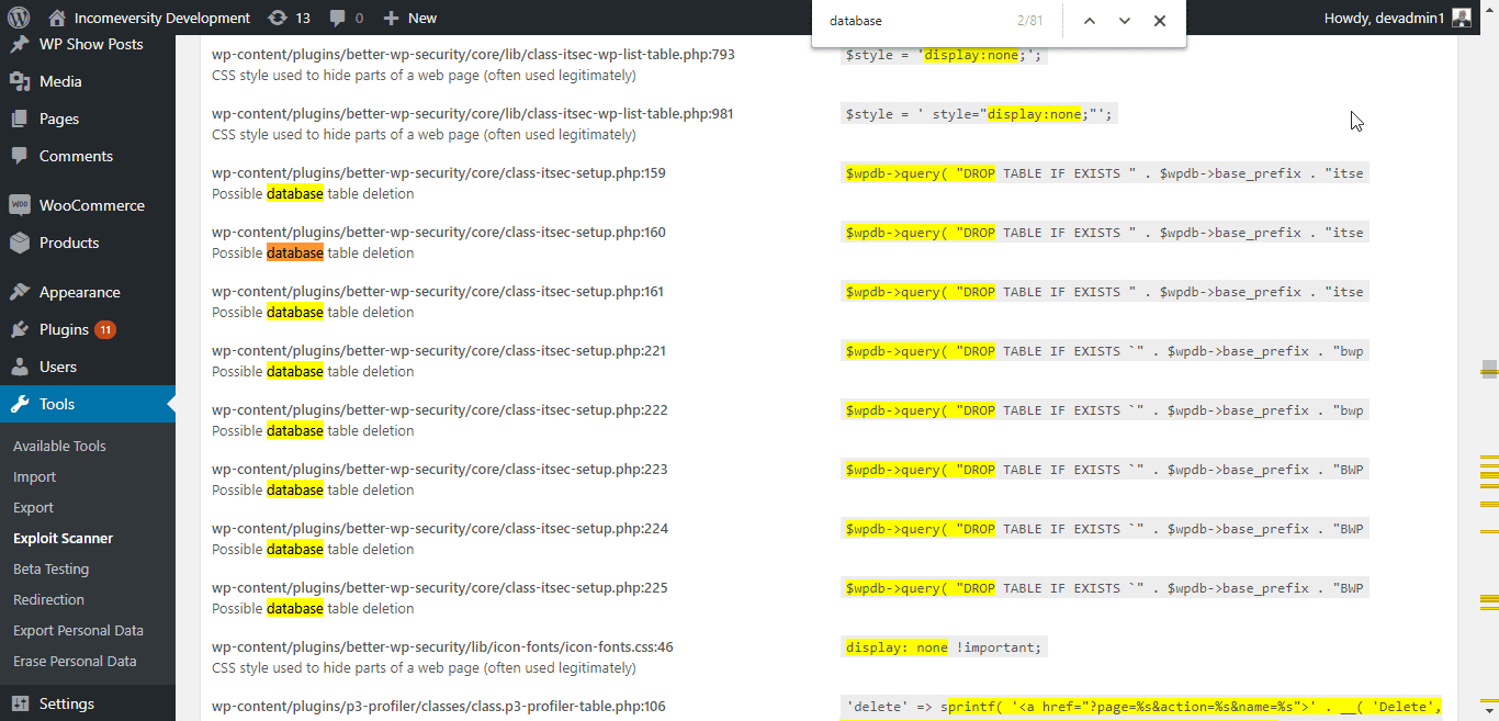 Remove Google malware warning: find all database files