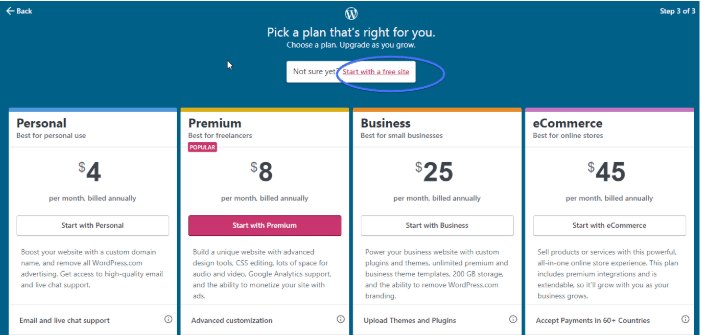 Click 'Start with Free Site'