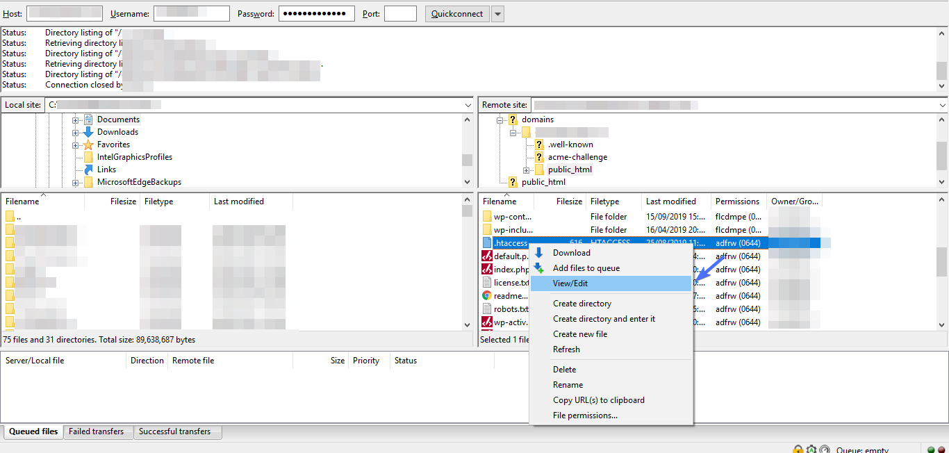 Access the .htaccess file to fix vary accept encoding header error in WordPress