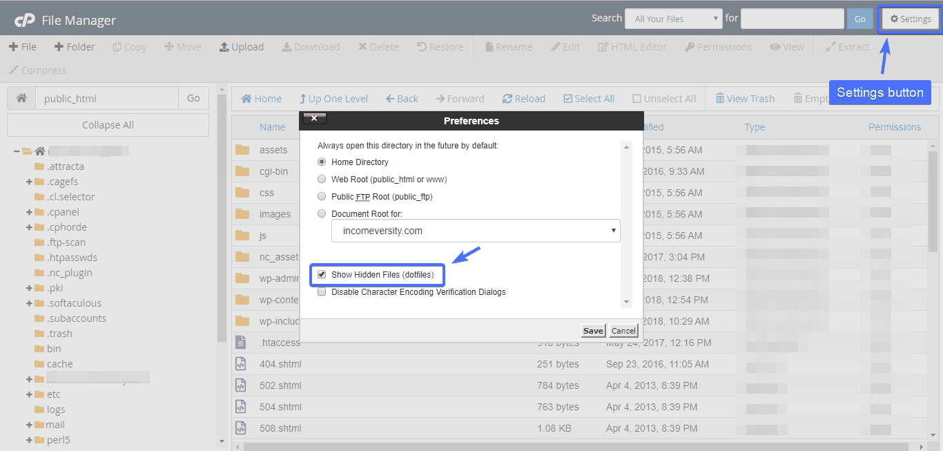 show hidden dot files in cPanel
