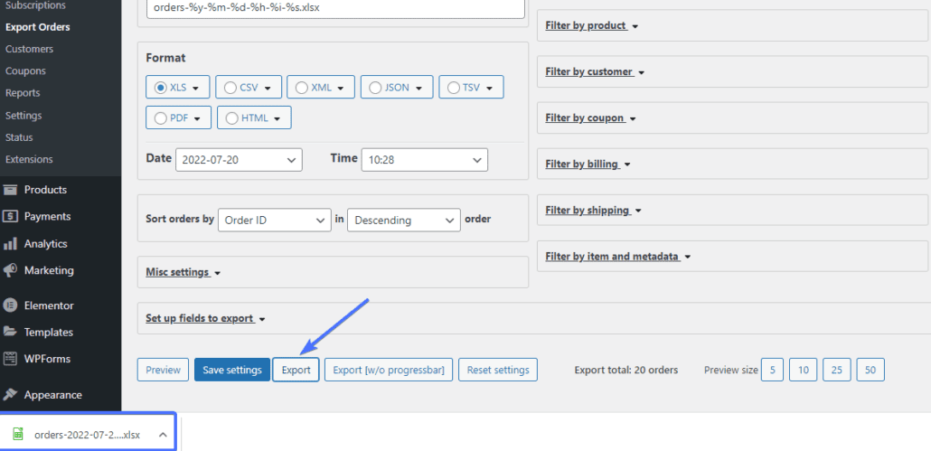Click Export to download your WooCommerce orders