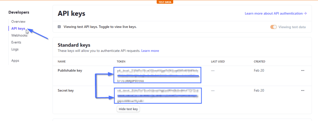 Copy stripe API keys