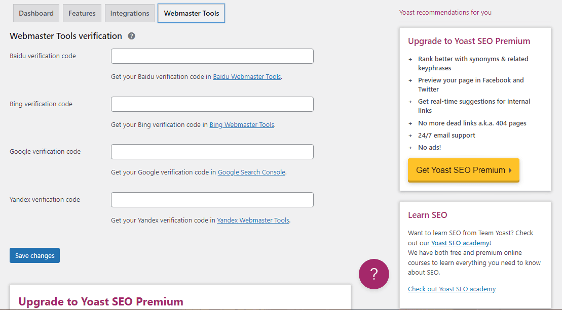 Yoast 'Webmaster Tools' Interface