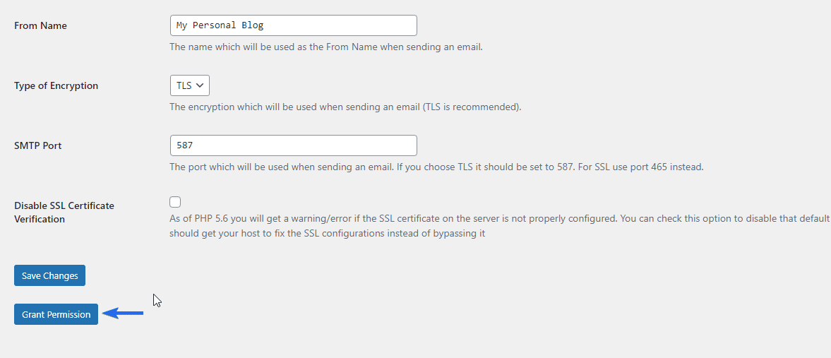 Grant permissions so WordPress can send emails