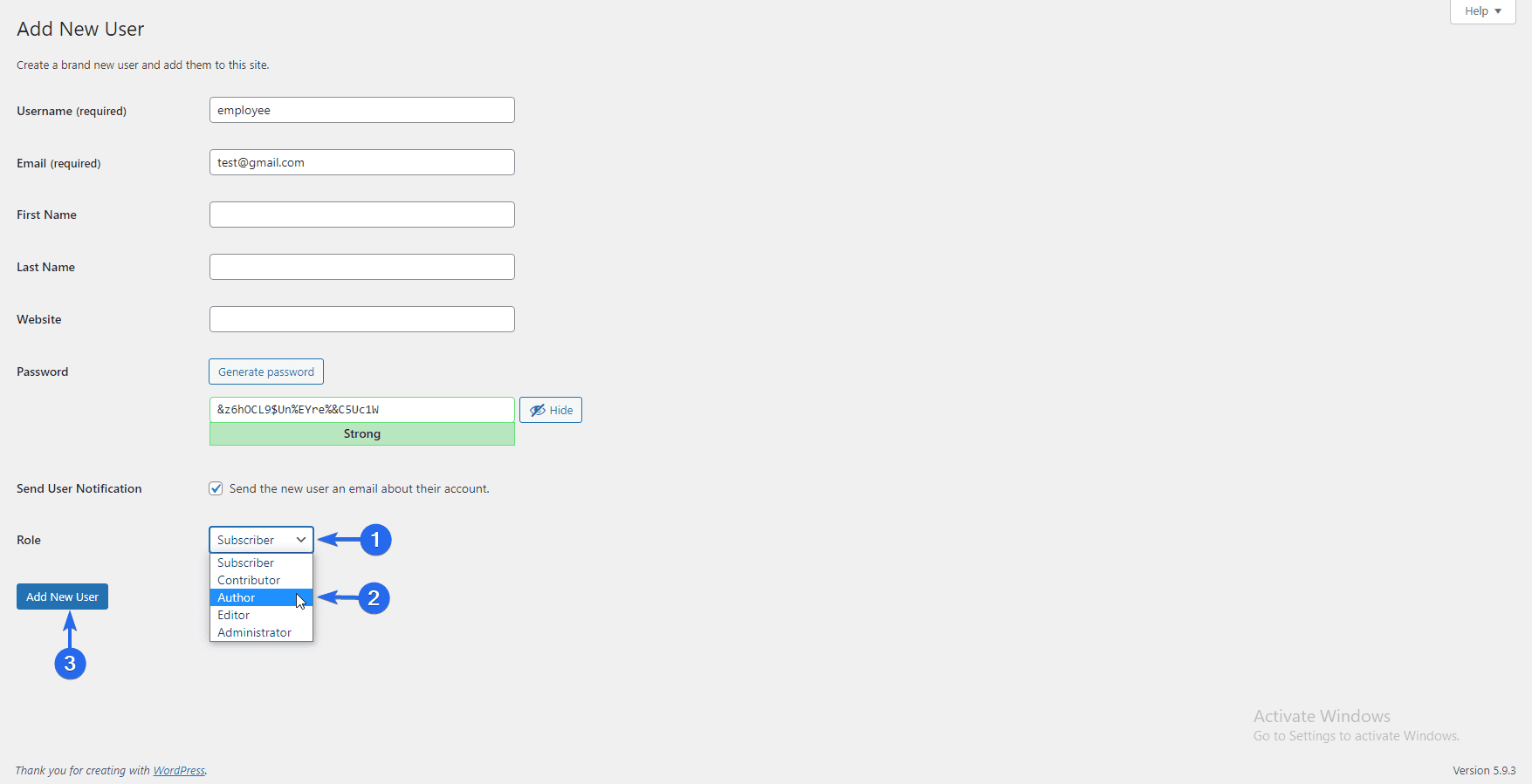 Choose a role for the user
