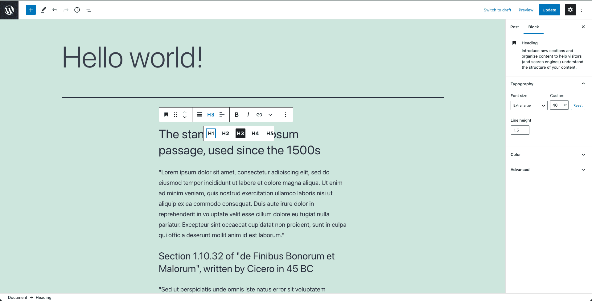 choose heading - how to change font size in wordpress