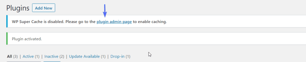 WP super cache: plugin notification