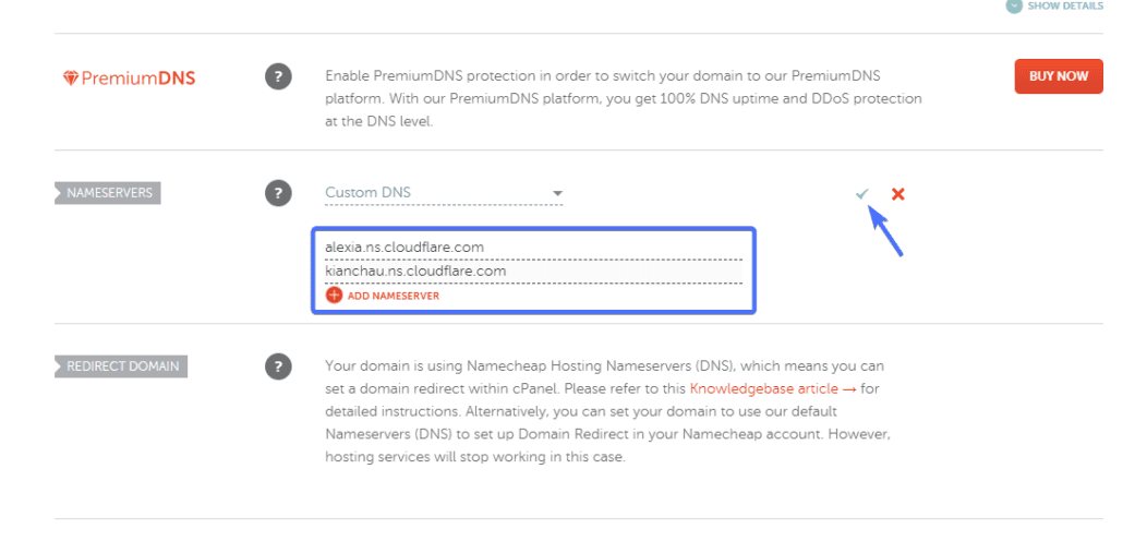 Enter two nameservers by Cloudflare
