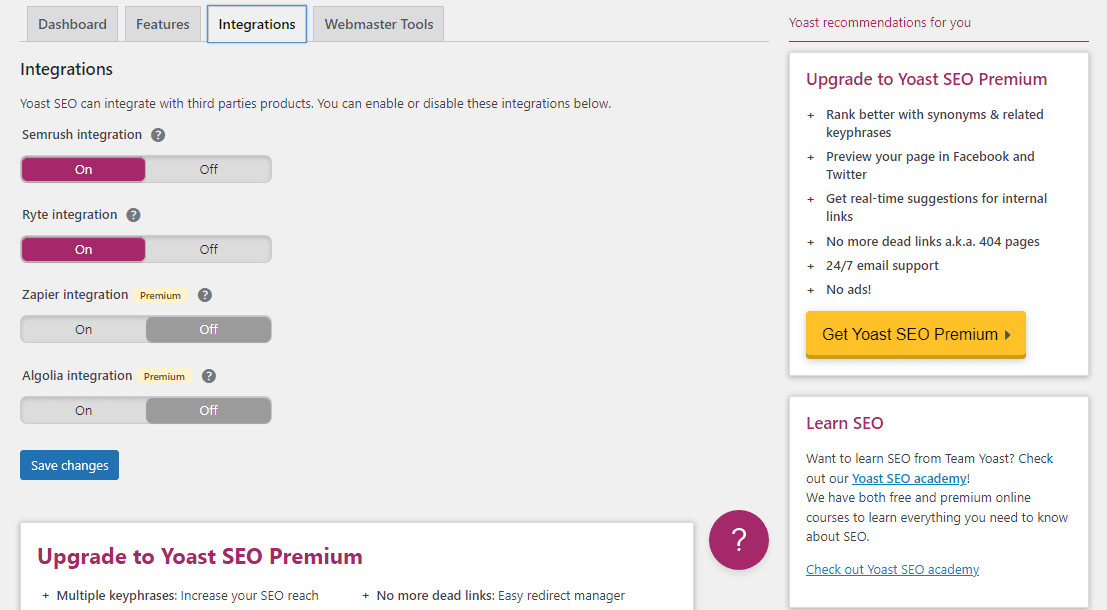 Yoast 'Integrations' Interface