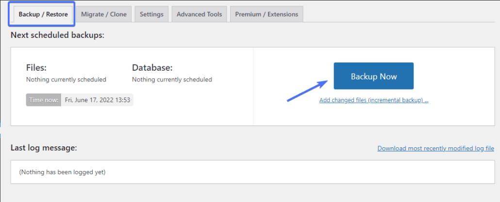 Click Backup Now from the Backup/Restore tab