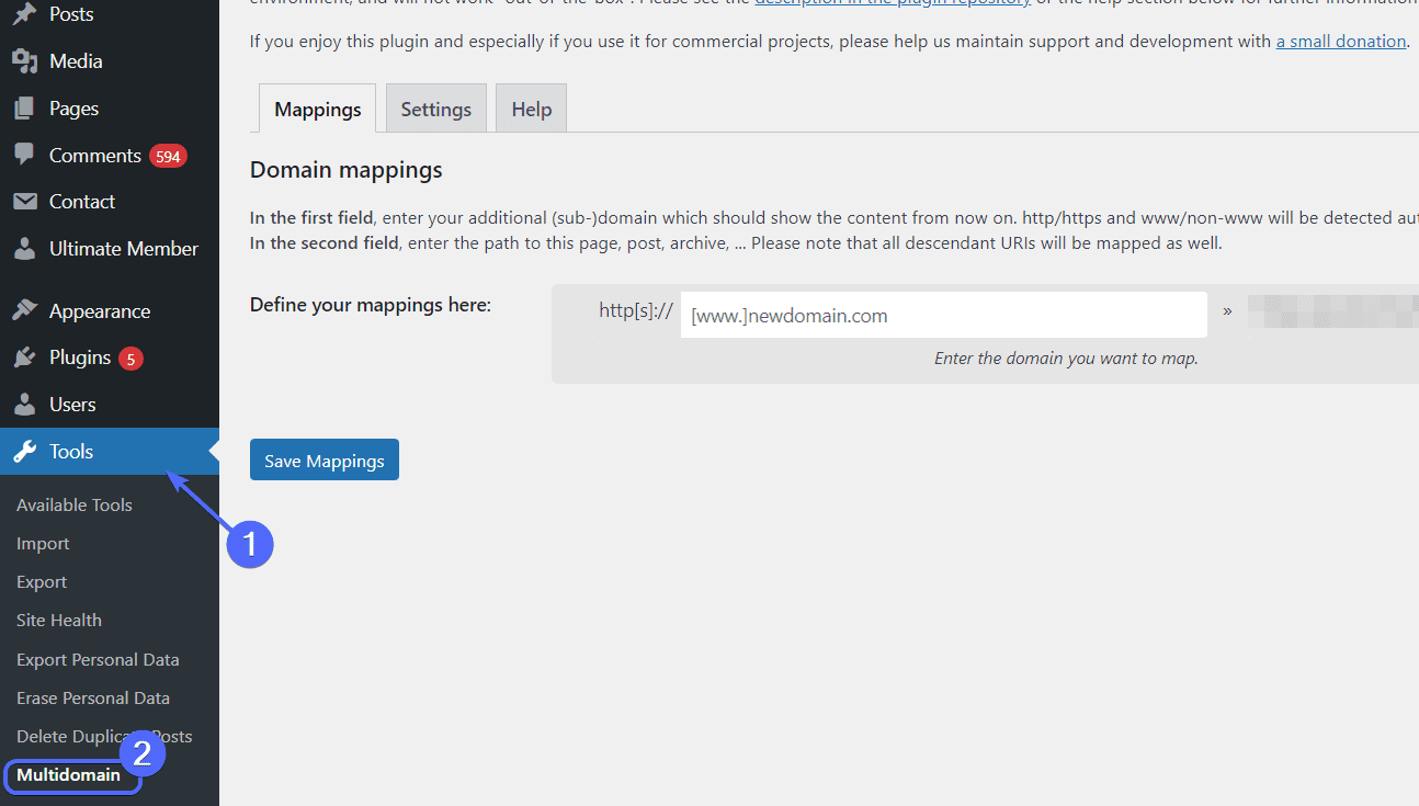 Tools >> Multidomain - WordPress dashboard