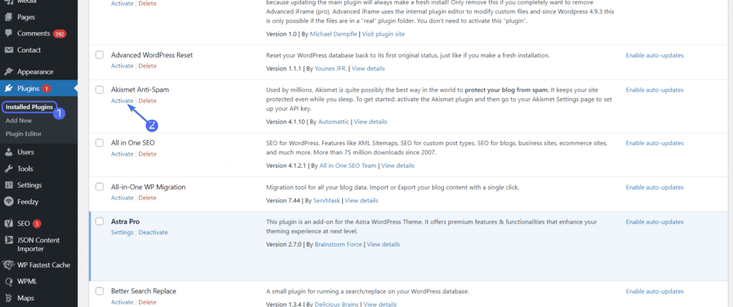 Activate akismet anti-spam plugin
