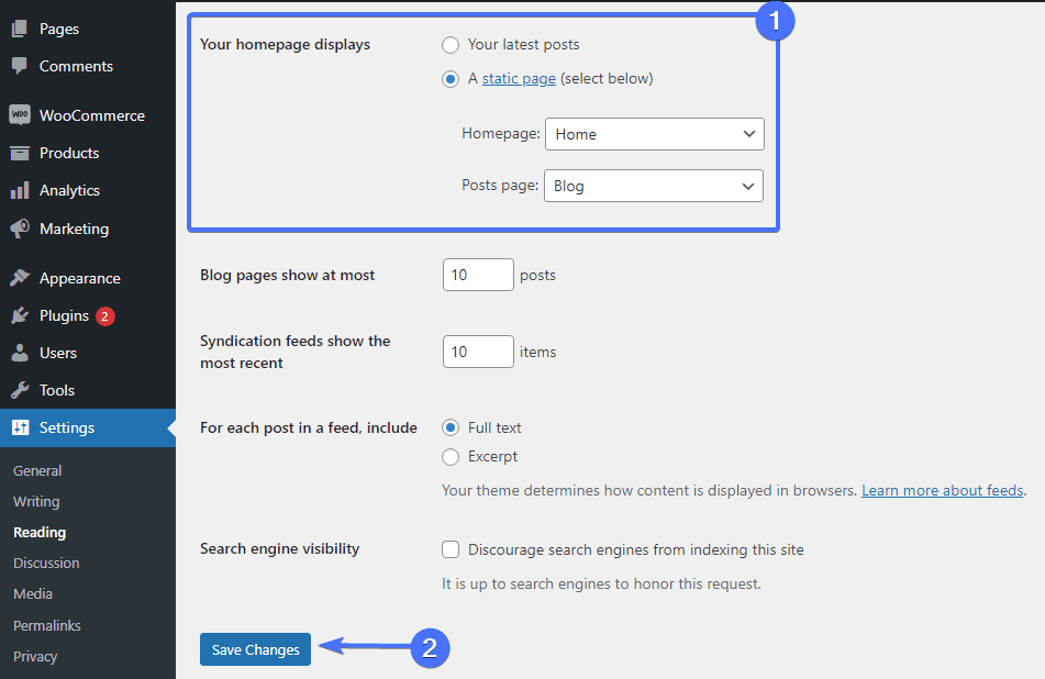 Change WordPress settings to static homepage