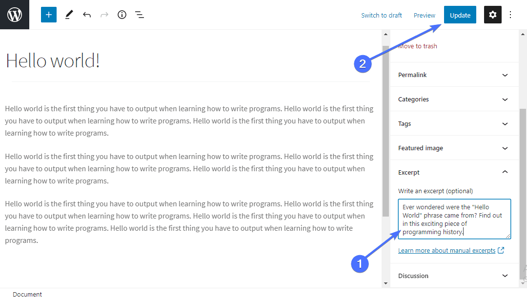 Inputting an excerpt in Gutenberg editor