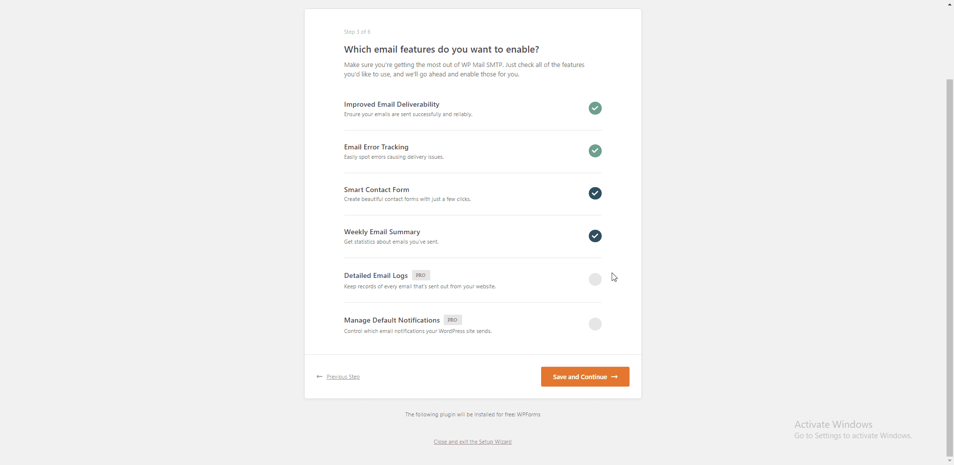 Select desired features and continue setup