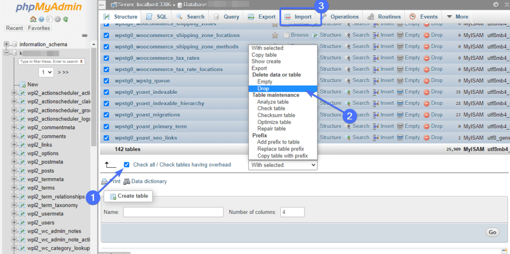 Select Drop to delete the database