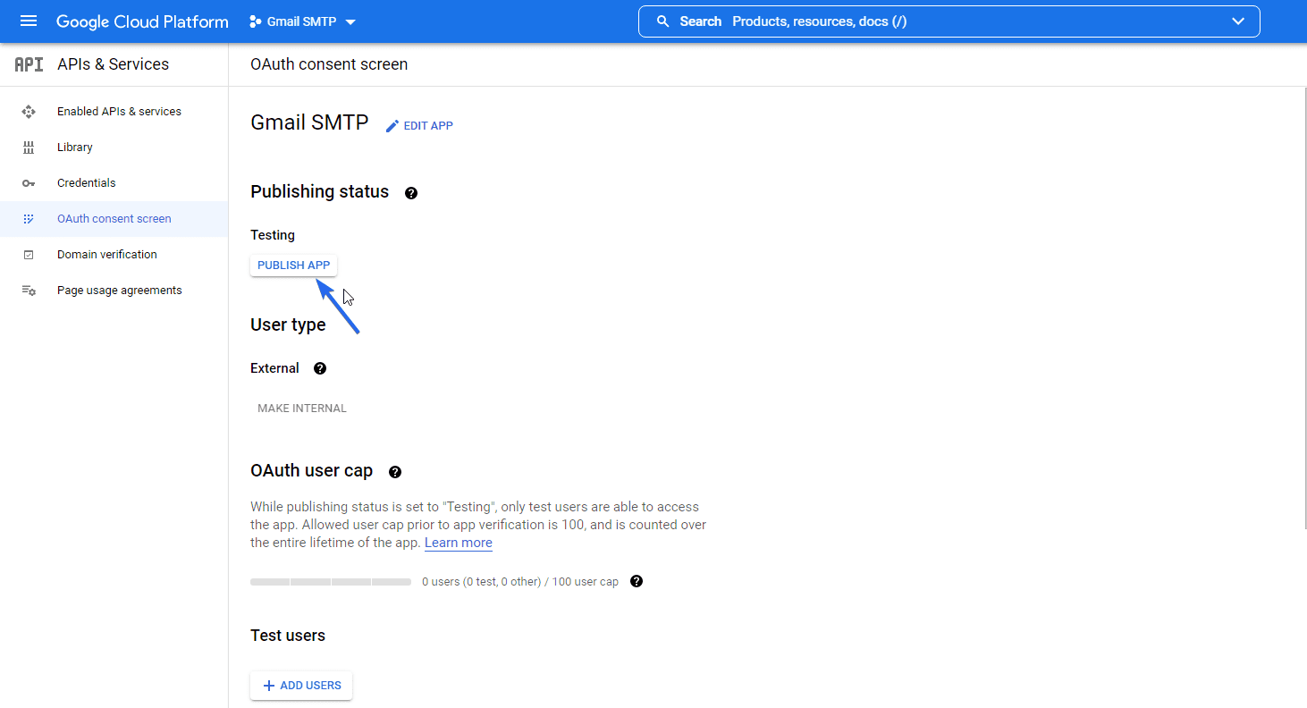 Gmail SMTP publish app