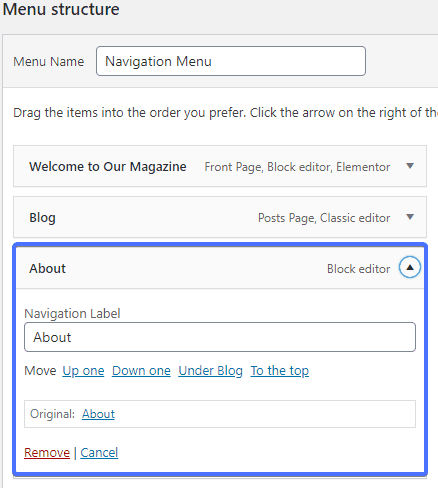Editing wordpress navigation menus
