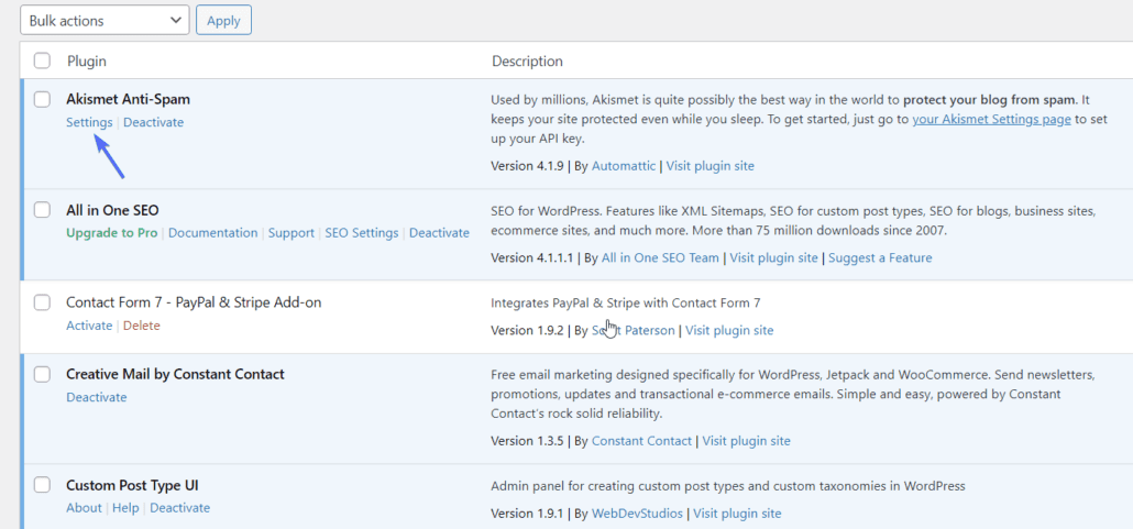 settings for akismet anti-spam plugin