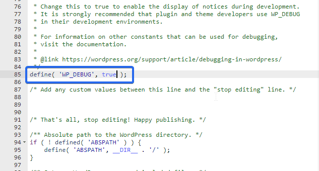 Change wordpress debug mode value to 'true'