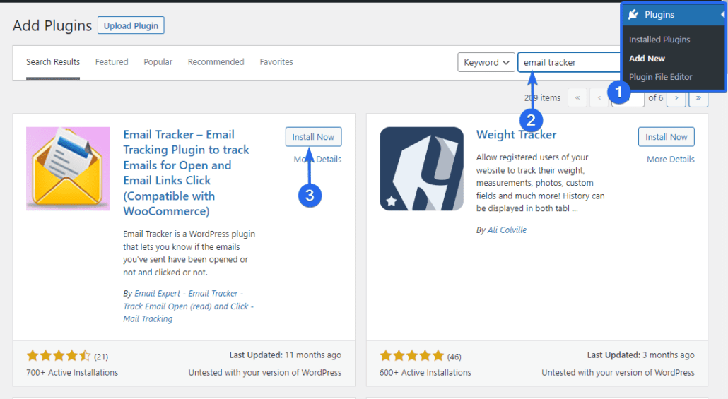Search and install email tracker plugin