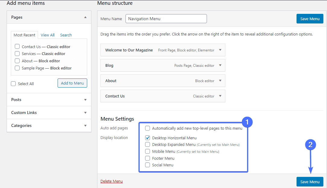 Display location - WordPress Navigation Menu