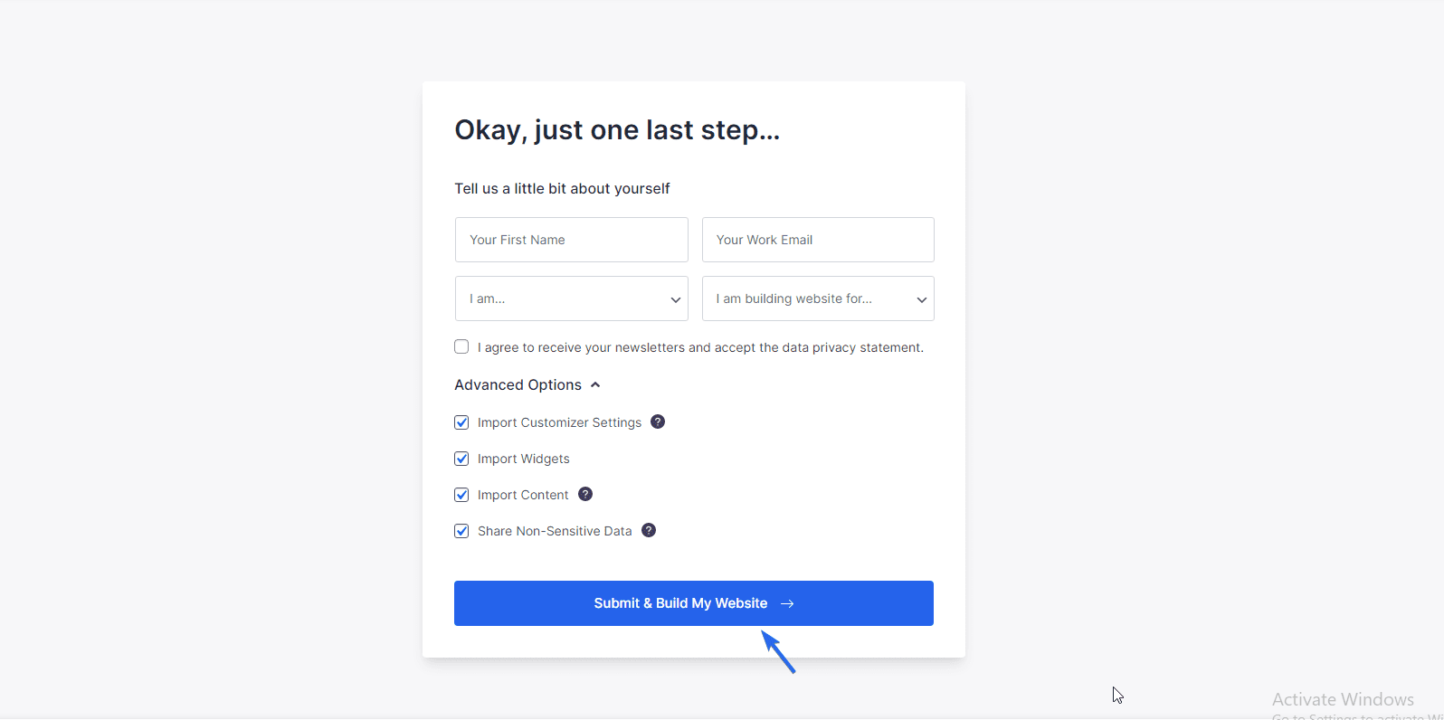 Enter basic details about your business website