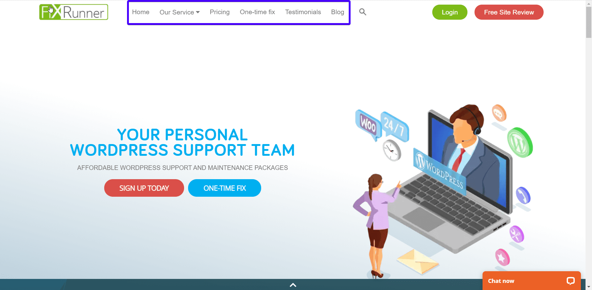 fixrunner navigation menu - change homepage wordpress