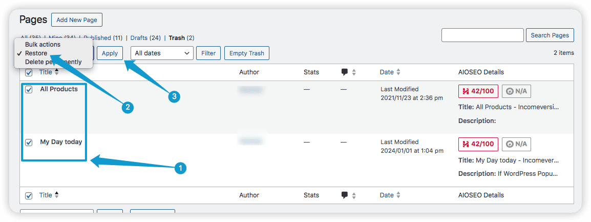 Tick desired pages and restore