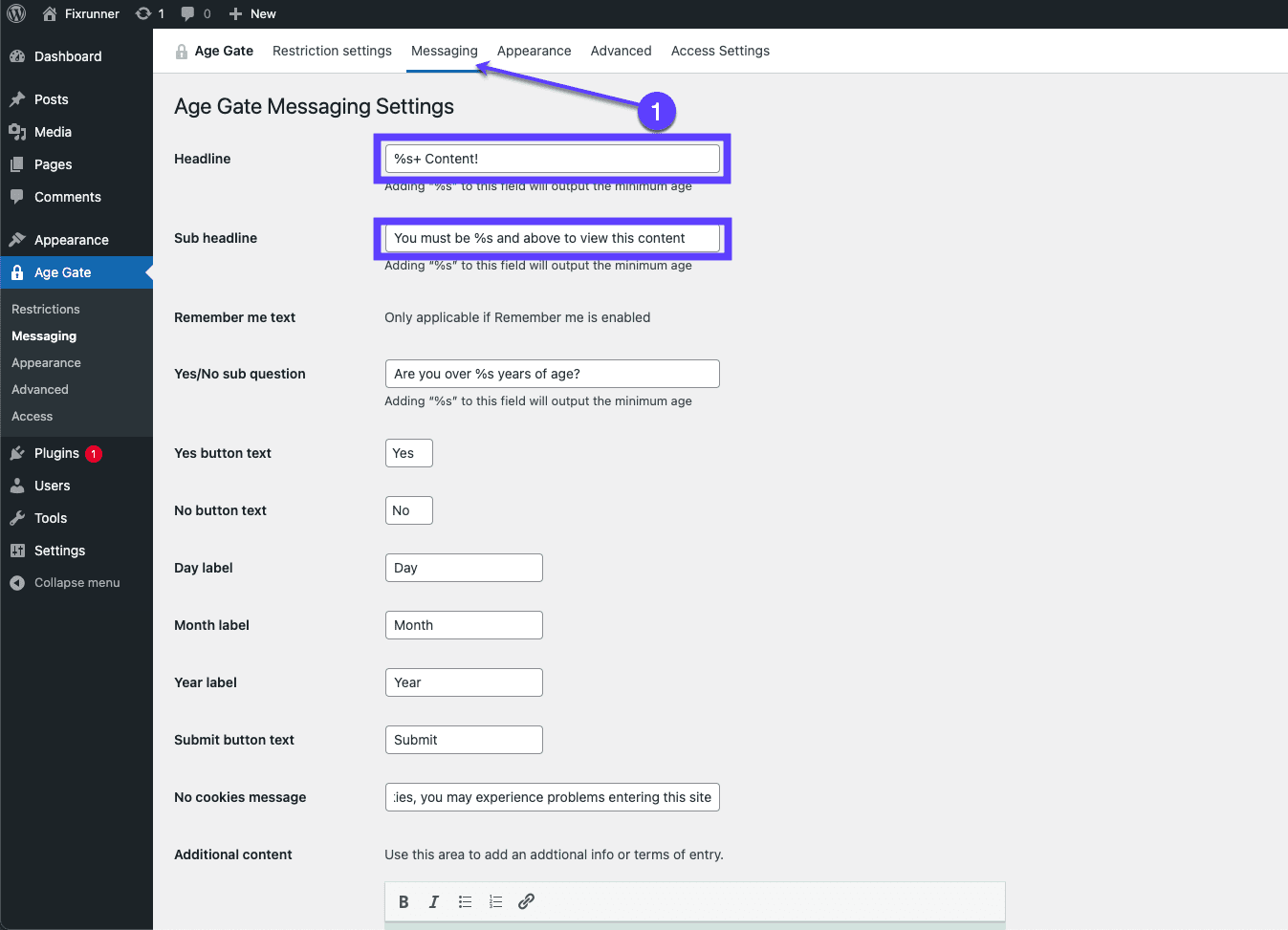 Age Gate Messaging Settings