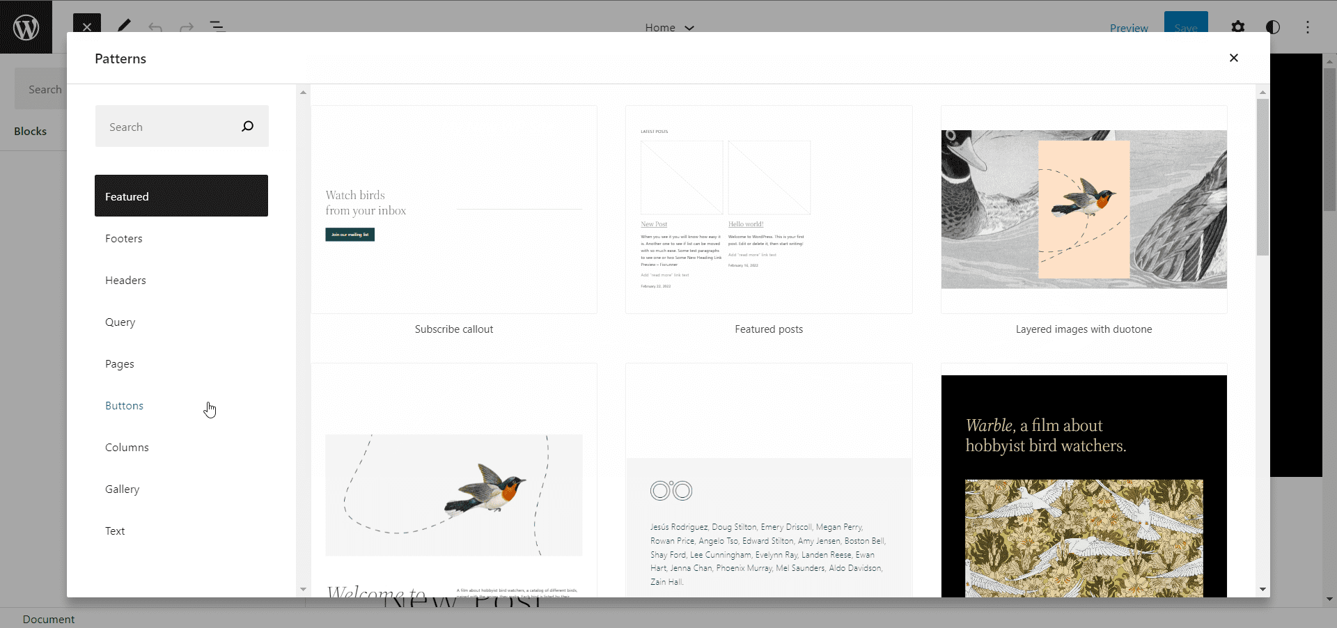 Patterns Explorer page - WordPress 5.9