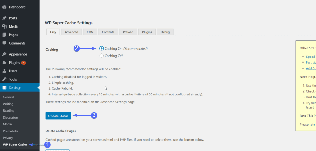 Click 'Update Status' - WP Super Cache