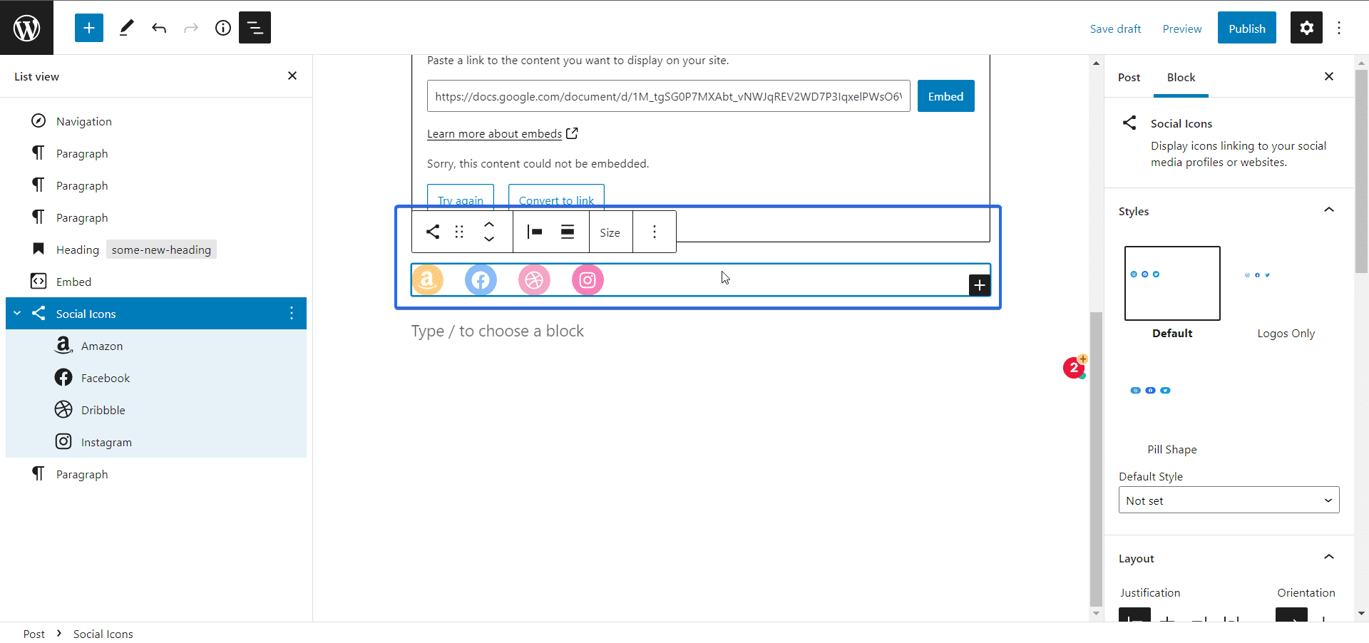 Social Icons block update in wordpress 5.9