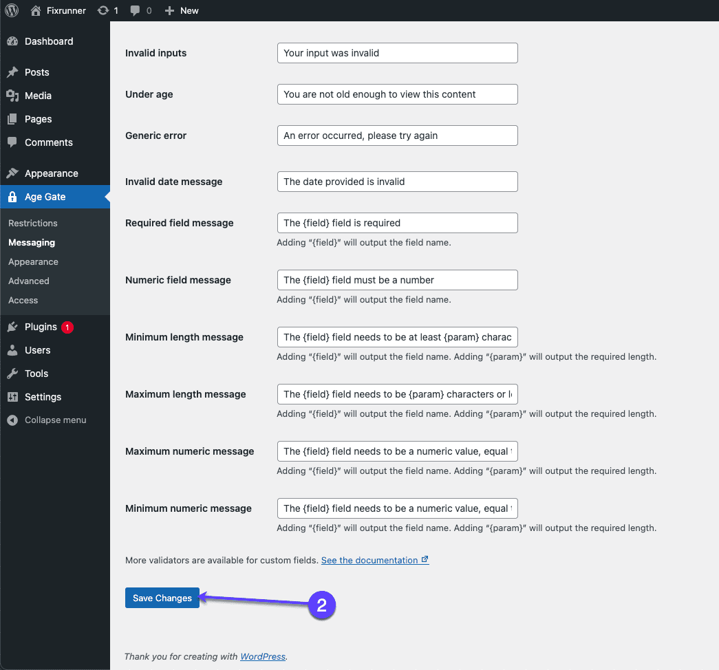 Save Messaging Settings - WordPress Age Verification Plugin