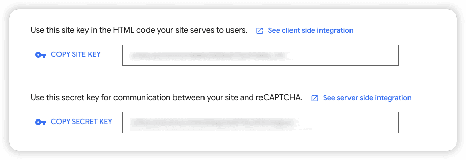 Copy auto generated site and secret key