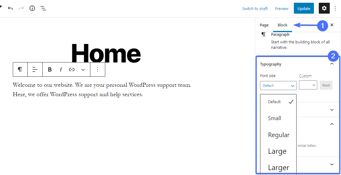Add texts in block editor - change homepage wordpress