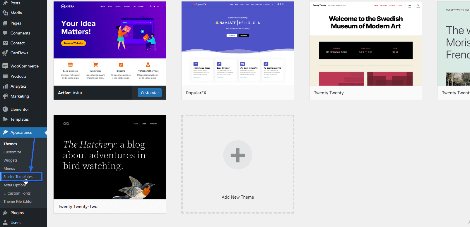 Open Starter templates page