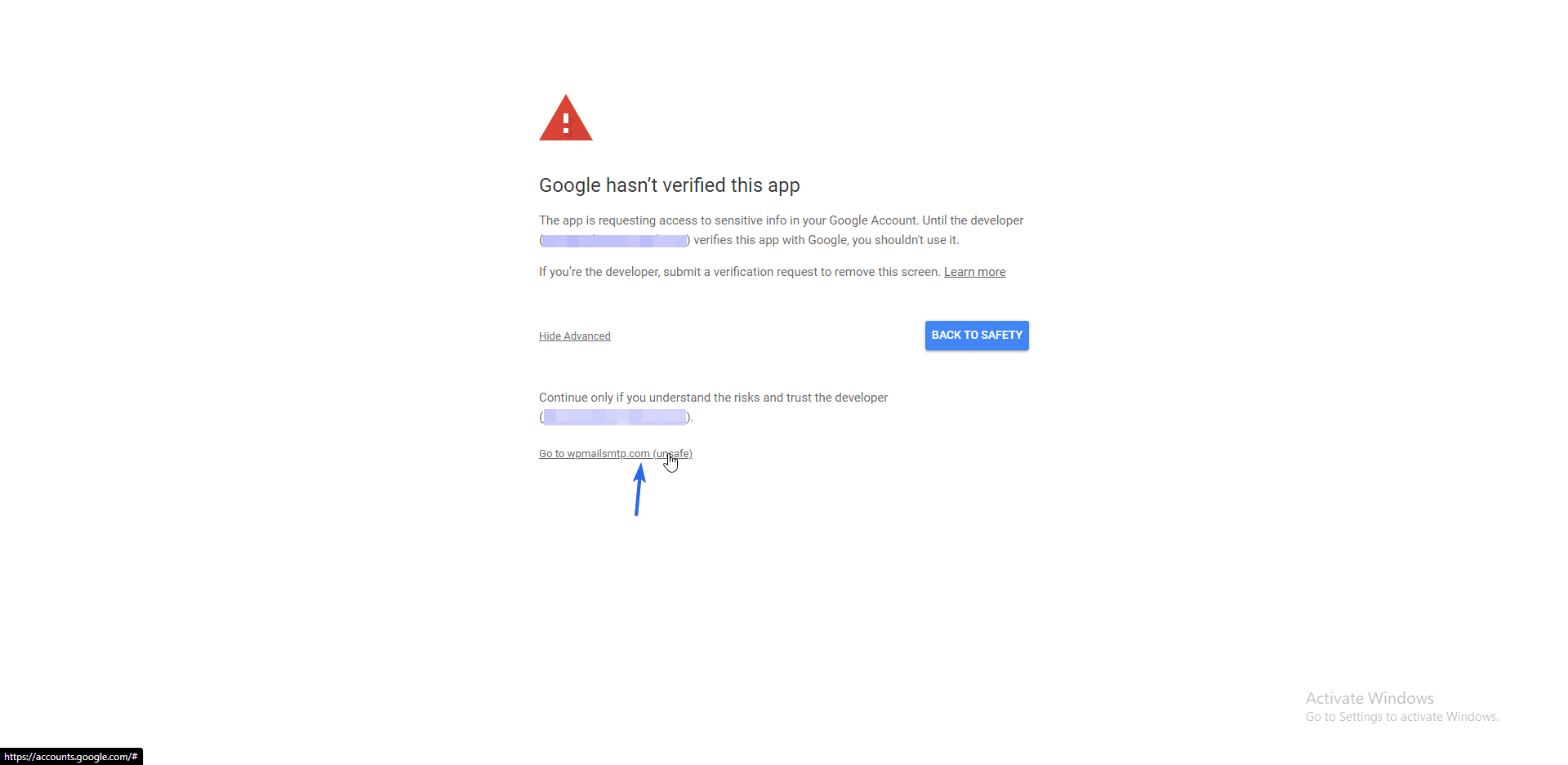 Click the “Go to wpmailsmtp.com (unsafe)” link to bypass security checks