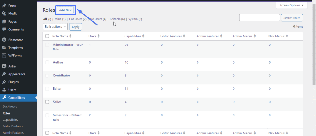Add new button - WordPress access control