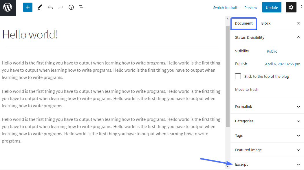 WordPress excerpts in Gutenberg
