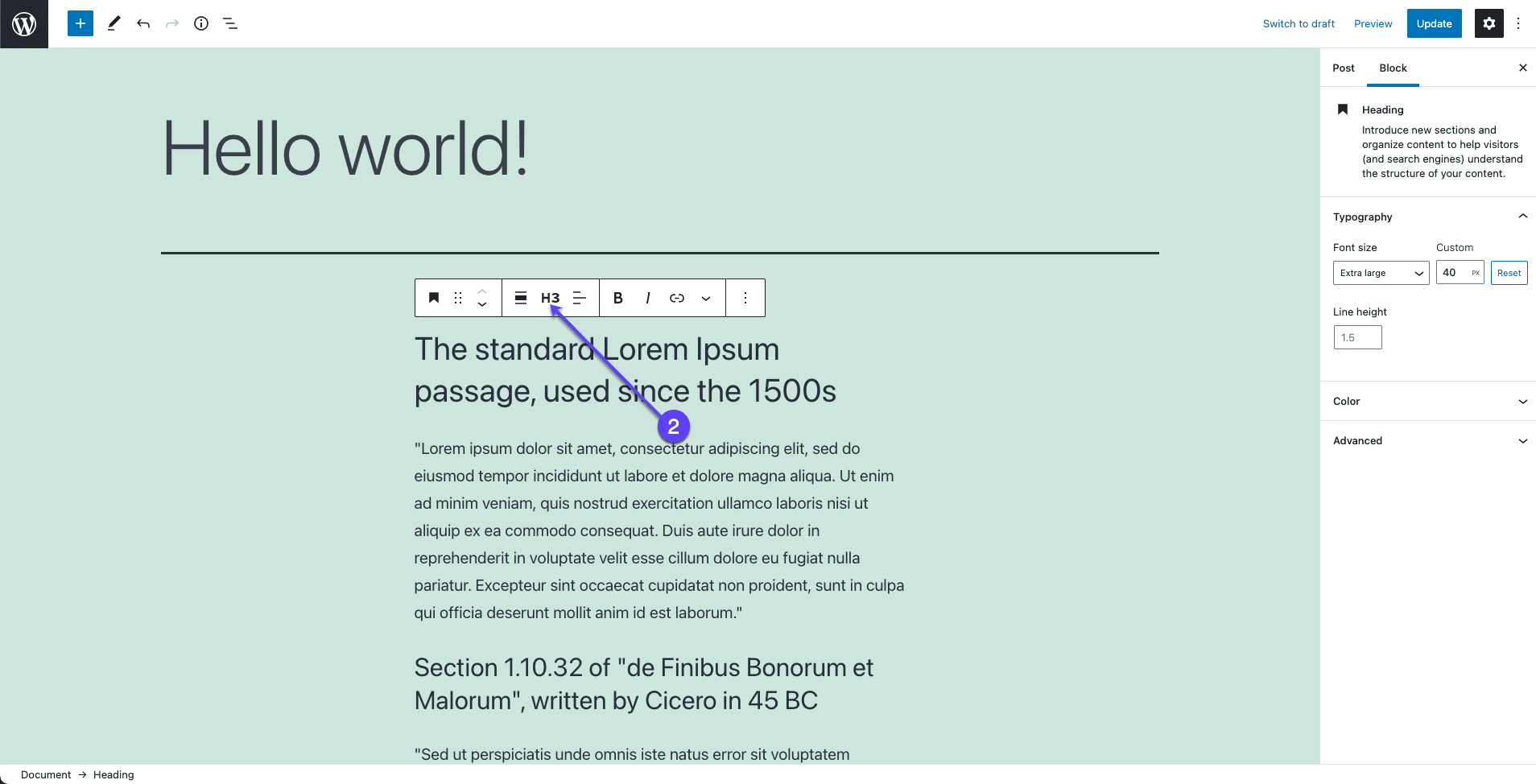 heading tag - how to change font size in wordpress