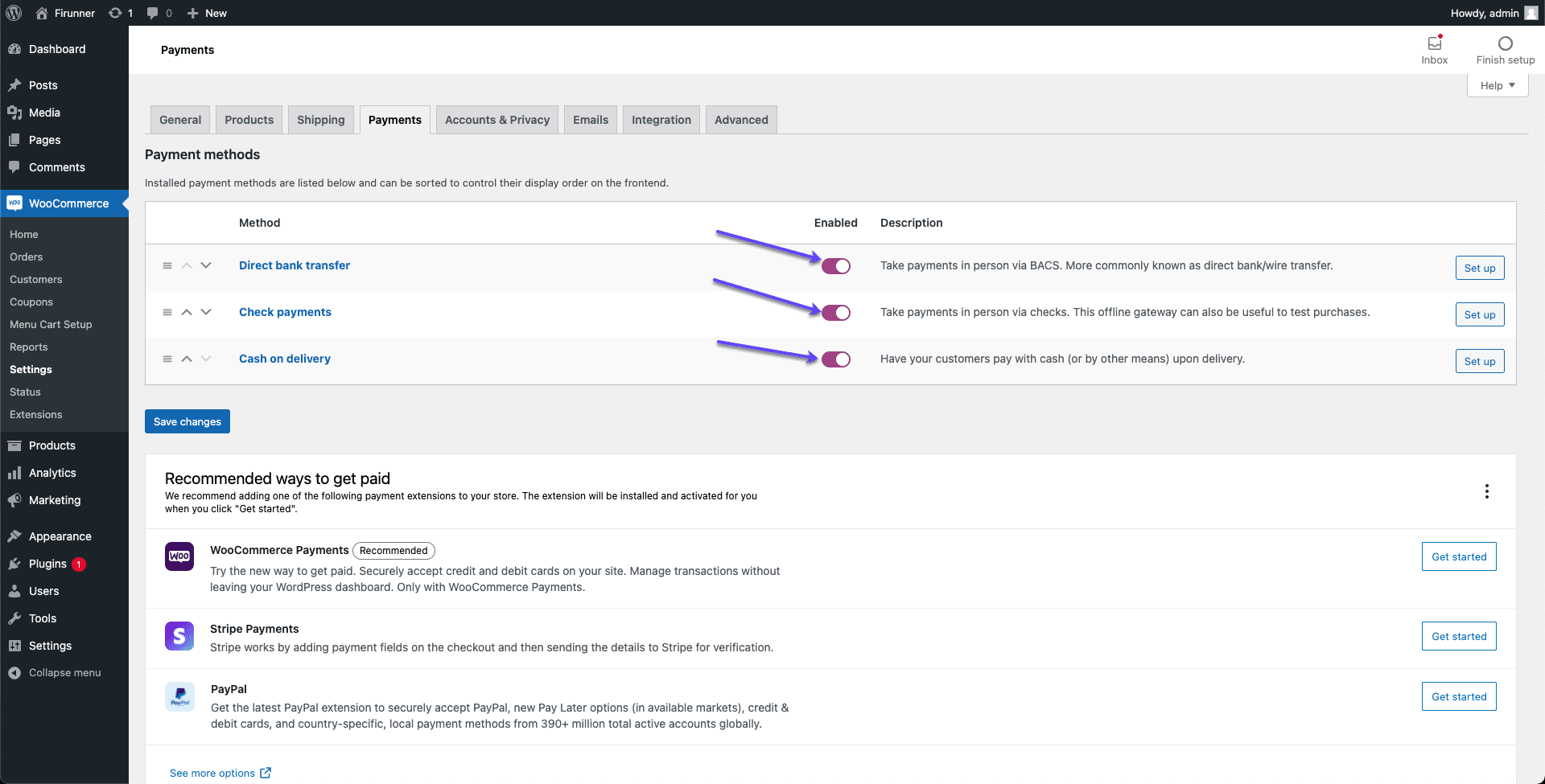 Enable payment methods - Recover abandoned cart in woocommerce