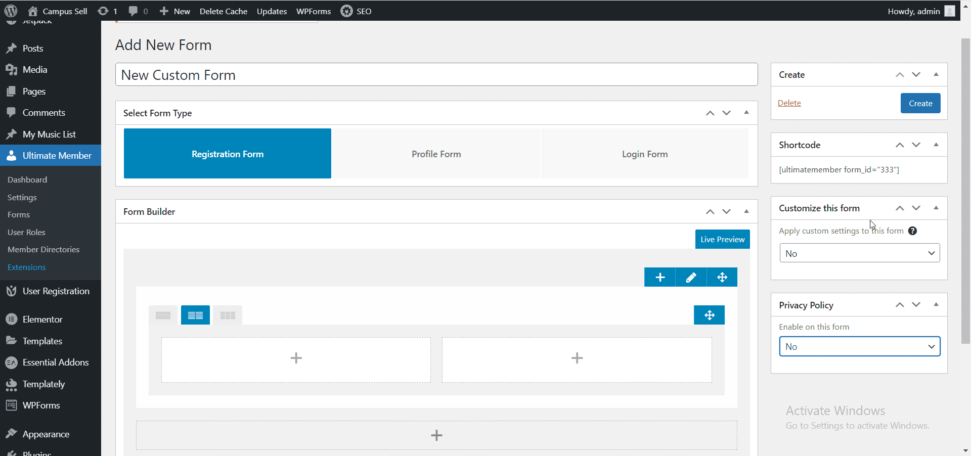 form builder - wordpress user registration