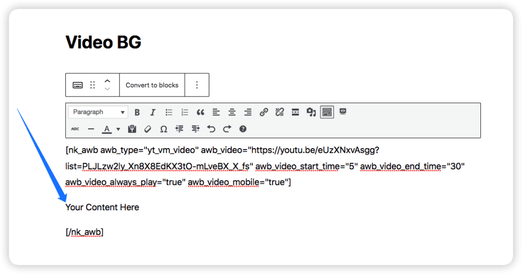 AWB shortcode to add video background in WordPress