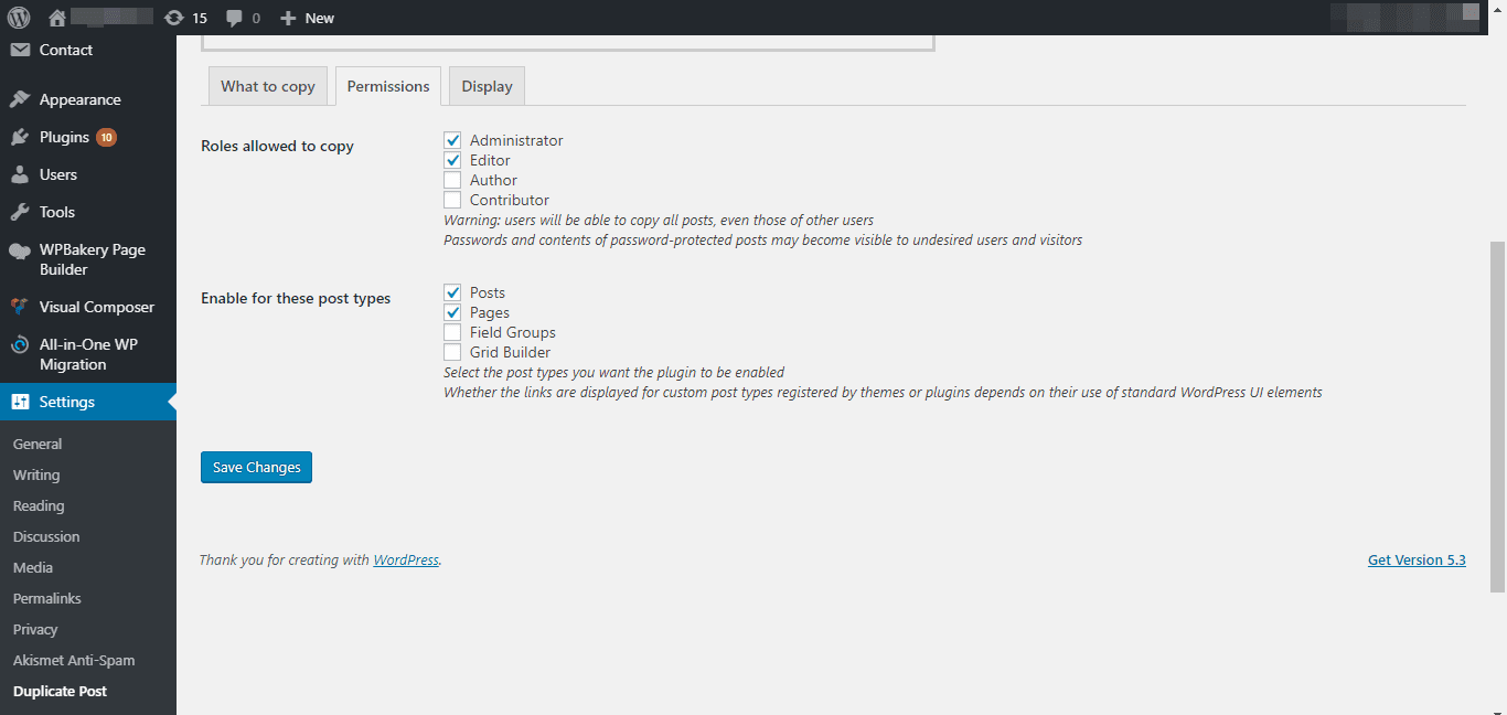 Permissions section