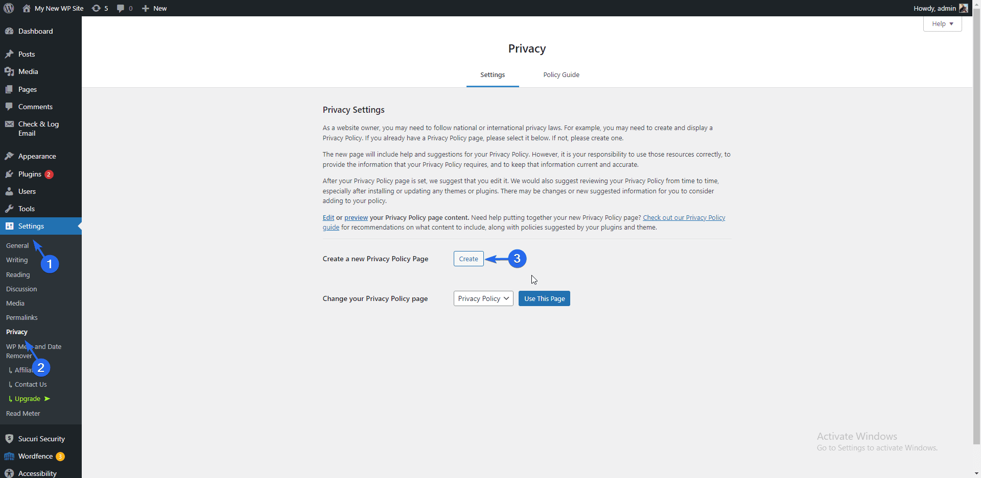 Create privacy policy page