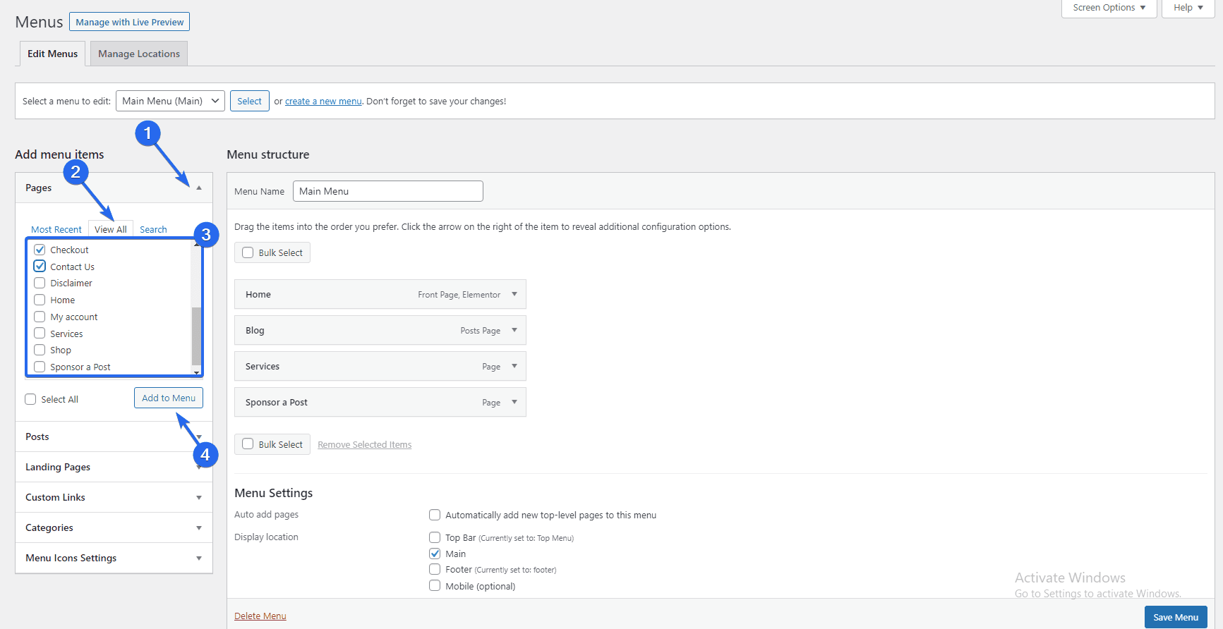 Add menu Items - change homepage wordpress