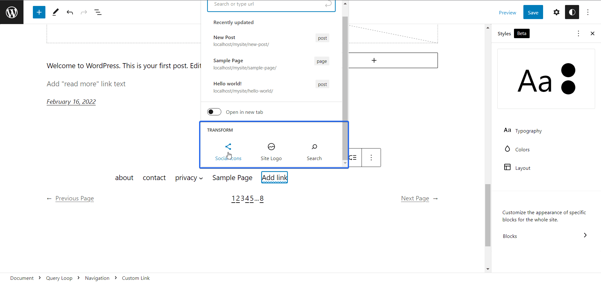 Transform menu item into a different block